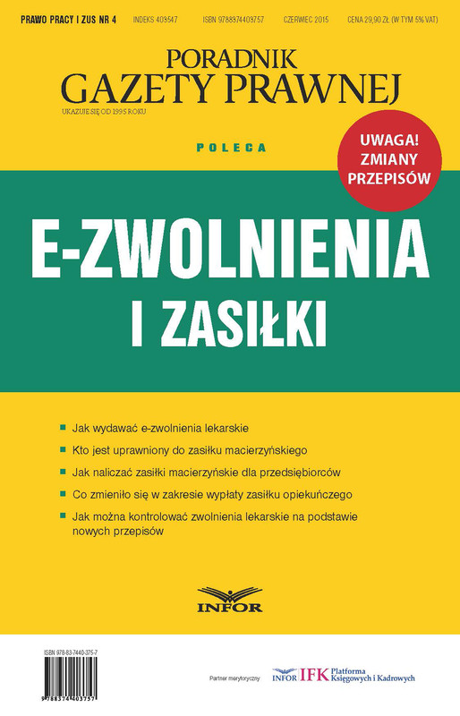 okładka E-zwolnienia i zasiłki (PDF) ebook | pdf | INFOR PL SA