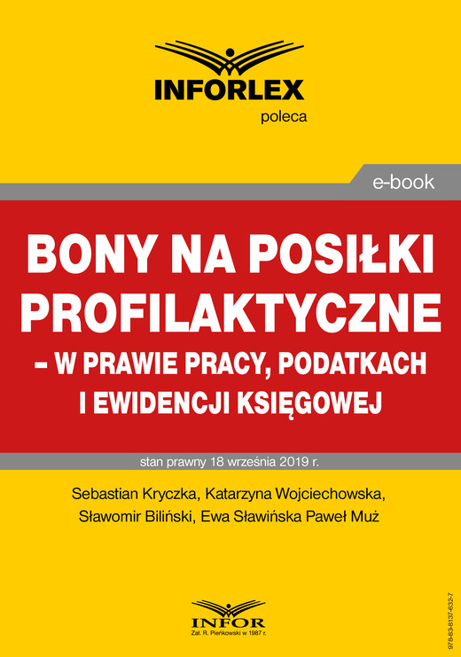 okładka Bony na posiłki profilaktyczne – w prawie pracy, podatkach i ewidencji księgowej ebook | pdf | Praca Zbiorowa