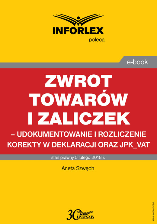 okładka Zwrot towarów i zaliczek – udokumentowanie i rozliczenie korekty w deklaracji oraz JPK_VAT ebook | pdf | Aneta Szwęch