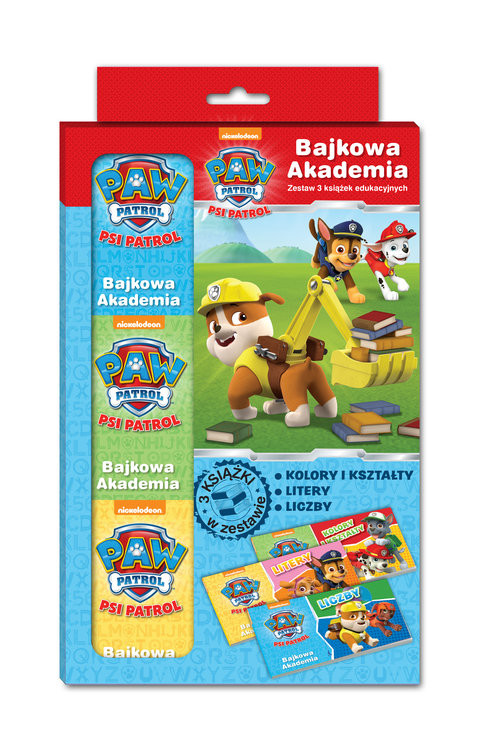 okładka Psi Patrol Bajkowa Akademia Kolory i kształty Litery Liczby Zestaw 3 książek edukacyjnych książka