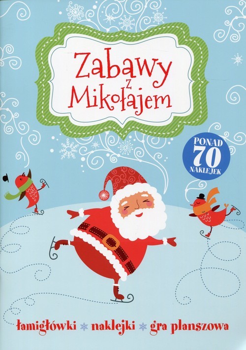 okładka Zabawy z Mikołajem Łamigłówki, naklejki, gra planszowa książka