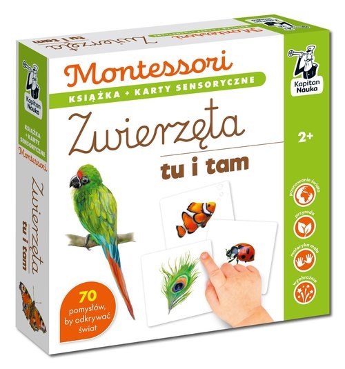 okładka Montessori Zwierzęta tu i tam Karty sensoryczne z książeczką Kapitan Nauka książka