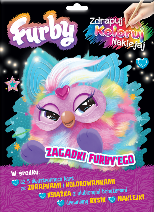 okładka Furby. Zdrapuj, koloruj, naklejaj Zagadki Furby'ego książka | null null