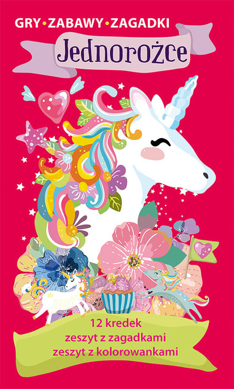 okładka Jednorożce Gry zabawy zagadki Zestaw kreatywny z kredkami książka | Opracowanie zbiorowe