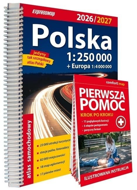 okładka Atlas samochodowy Polska 1:250000 + Pierwsza pomoc książka | Praca Zbiorowa