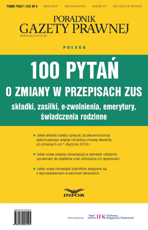okładka 100 pytań o zmiany w przepisach ZUS.                                                                                Składki, Zasiłki, e-zwolnienia, emerytury, świadczenia rodzinne ebook | pdf | INFOR PL SA