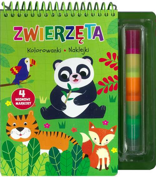 okładka Zwierzęta Kolorowanki naklejki 4 neonowe markery książka