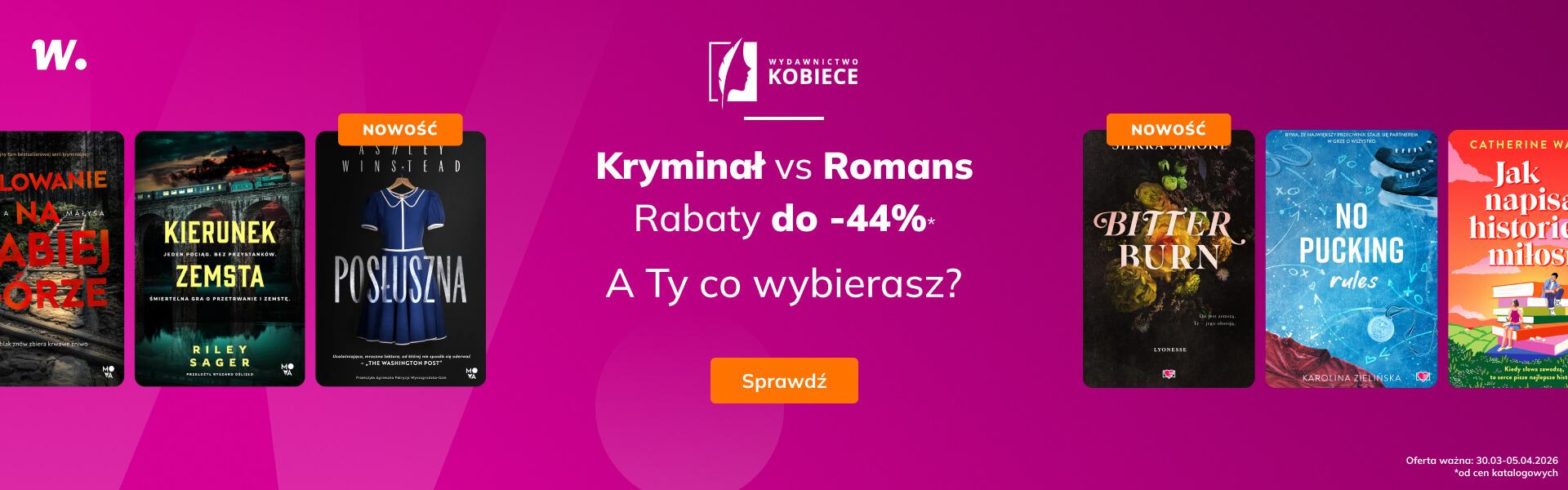 Grafika prowadzi do promocji: Wydawnictwo Kobiece: kryminał vs romans do -44%