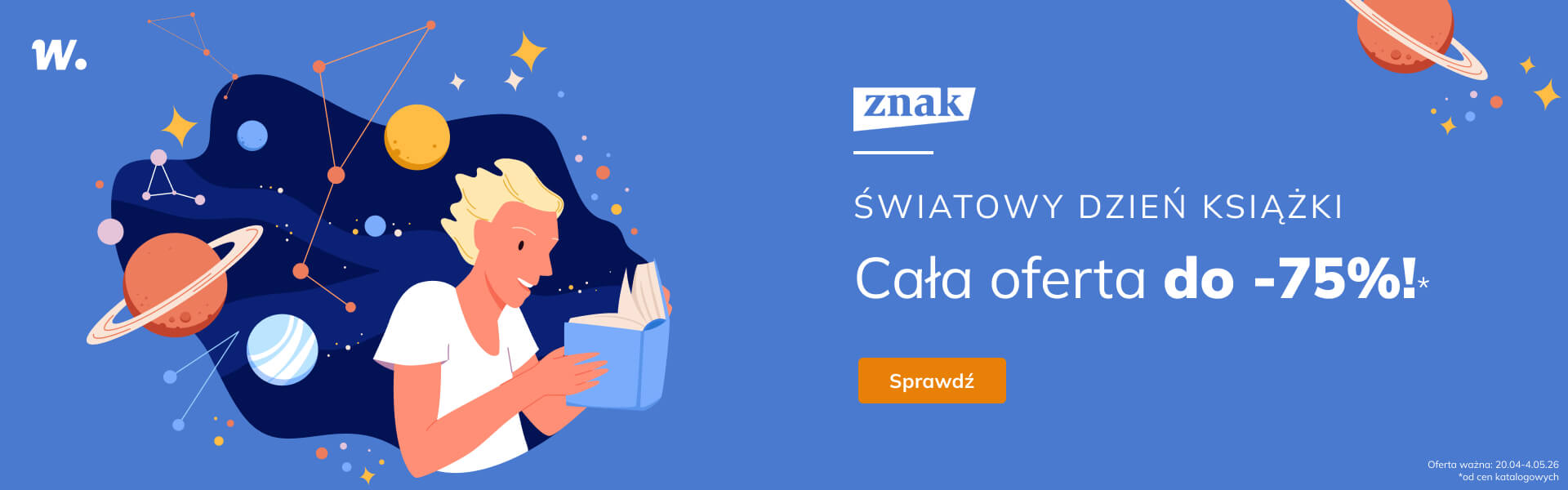 Grafika prowadzi do promocji: Światowy Dzień Książki z ebookami Wydawnictwa Znak do -75%