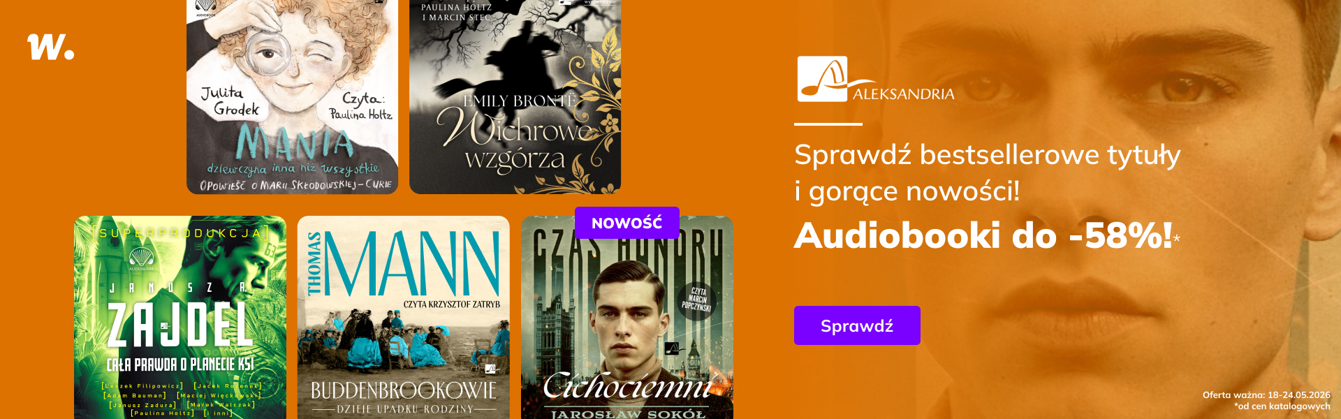 Grafika prowadzi do promocji: Wydawnictwo Aleksandria. Audiobooki do -58%