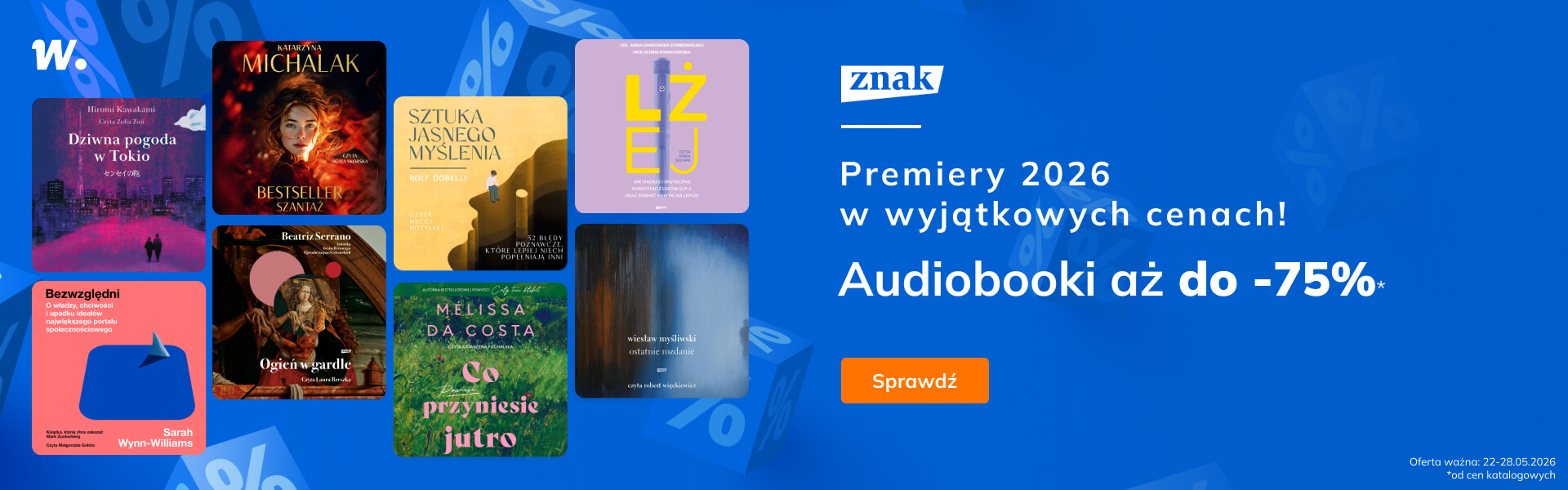 Grafika prowadzi do promocji: Znak. Premiery 2026. Audiobooki do -75%!