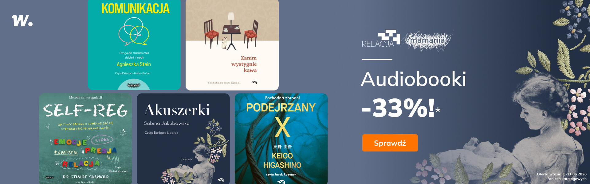 Grafika prowadzi do promocji: Grupa Wydawnicza Relacja. Audiobooki -33%