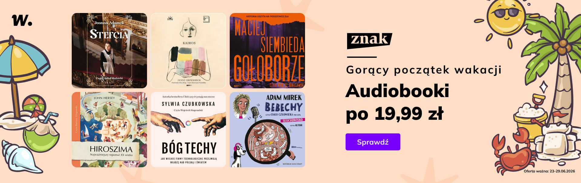 Grafika prowadzi do promocji: Znak. Gorący początek wakacji z audiobookami do 19,99 zł