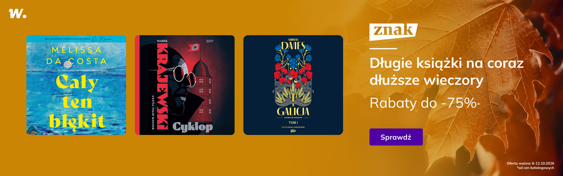 Grafika prowadzi do promocji: Znak. Długie wieczory z audiobookiem do -75%!